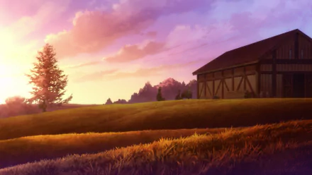 Scenic HD PC desktop wallpaper featuring a peaceful countryside sunset with a barn, inspired by the anime KonoSuba – God’s blessing on this wonderful world!!.