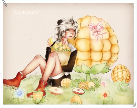 Anime original HD PC desktop wallpaper: white-haired girl in boots sits on grass with a basket of yellow fruit, leaning on a giant puffy yellow fruit surrounded by flowers and small produce.