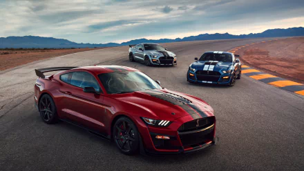 Silver, red, and blue Ford Mustang Shelby GT500 muscle cars are positioned on a desert racetrack under a cloudy sky in this 4K Ultra HD desktop wallpaper.
