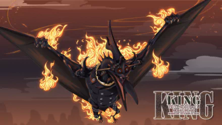 King (One Piece) as a fiery armored pteranodon soaring a dark sky, flames trailing from its wings — Anime HD PC desktop wallpaper and background.