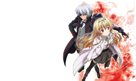 HD desktop wallpaper featuring Hajime Nagumo and Yue from the anime Arifureta Shokugyou de Sekai Saikyou. The two characters are in dynamic poses with a vibrant red background on the right.