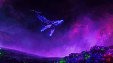 A glowing purple whale floats gracefully through a vibrant fantasy sky, captured in stunning 4K Ultra HD for a PC desktop wallpaper.