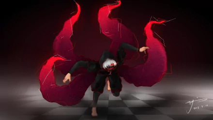 HD PC desktop wallpaper of Ken Kaneki (Tokyo Ghoul) crouching on a checkerboard floor, red kagune tendrils flaring behind him against a dark, moody background.