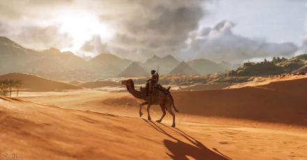 5K Ultra HD PC wallpaper: lone warrior on a camel crossing sunlit desert sands, cinematic scene from the video game Assassin's Creed Origins.