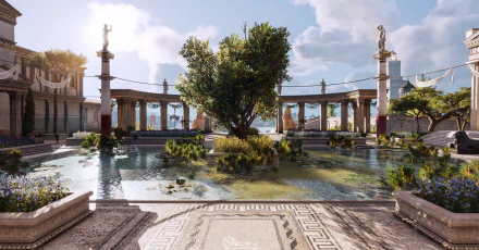 Assassin's Creed Origins 5K Ultra HD PC wallpaper — sunlit ancient Egyptian courtyard with a central tree, reflective pool, marble colonnade and ornate mosaic-tiled foreground.
