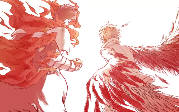 4K Ultra HD anime wallpaper featuring Endeavor and Hawks from My Hero Academia in dynamic poses with vivid red and white tones.