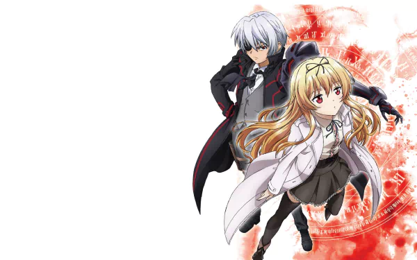 HD desktop wallpaper featuring Hajime Nagumo and Yue from the anime Arifureta Shokugyou de Sekai Saikyou. The two characters are in dynamic poses with a vibrant red background on the right.