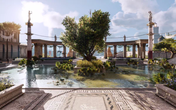 Assassin's Creed Origins 5K Ultra HD PC wallpaper — sunlit ancient Egyptian courtyard with a central tree, reflective pool, marble colonnade and ornate mosaic-tiled foreground.