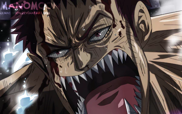 Close-up of Charlotte Katakuri from One Piece anime, featuring intense expression and sharp teeth in a detailed 4K Ultra HD PC desktop wallpaper.