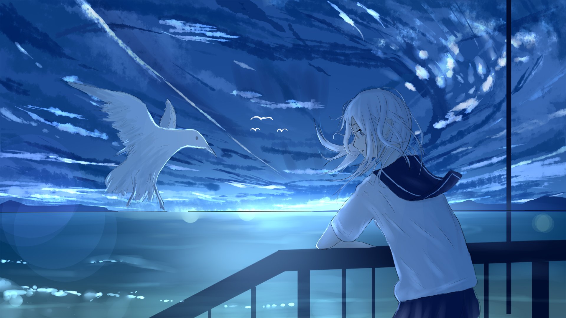 Anime-style HD wallpaper featuring a character with long white hair and blue eyes, gazing at a bird in a serene, swirling blue sky.