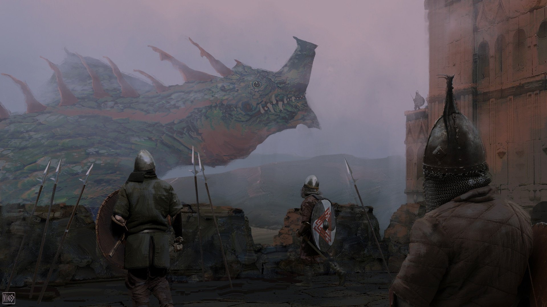 HD PC desktop wallpaper/background: fantasy warrior scene with armored warriors on a misty battlement confronting a colossal dragon-shaped warship.