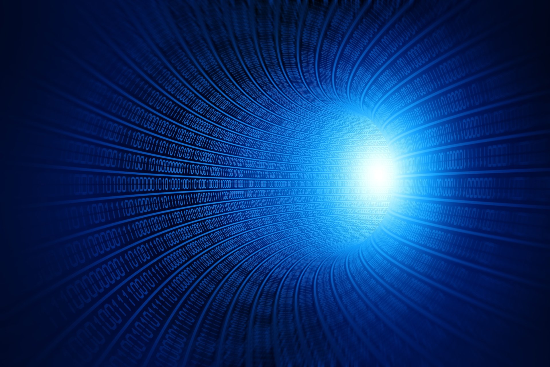 Blue binary code flowing in a tunnel, creating an artistic HD desktop wallpaper.