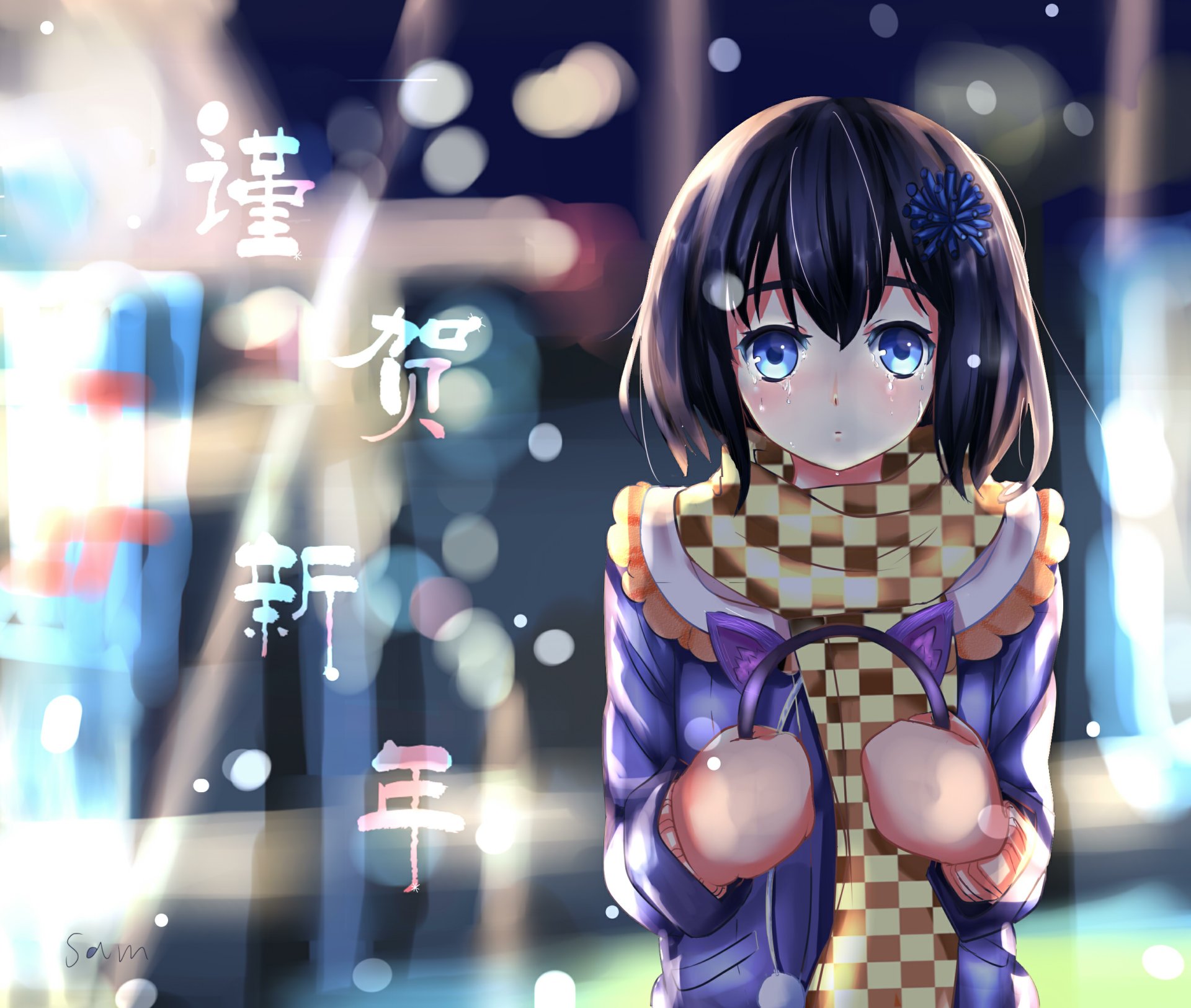 HD anime original desktop wallpaper featuring a girl with blue eyes and dark hair, wearing a checkered scarf and purple outfit, set against a blurred city background with glowing lights.