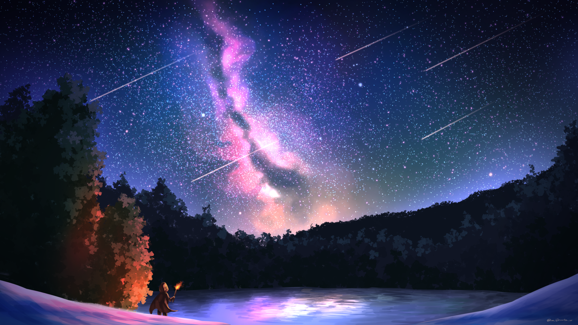 HD anime-styled wallpaper featuring a figure in a hooded cloak gazing at a starry sky with shooting stars and the Milky Way, set against a serene forest backdrop.