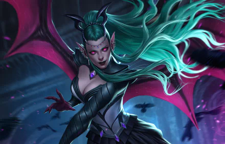 HD desktop wallpaper featuring a dark succubus woman with pointed ears, long green hair, pink eyes, and large wings in a dynamic, mystical pose.