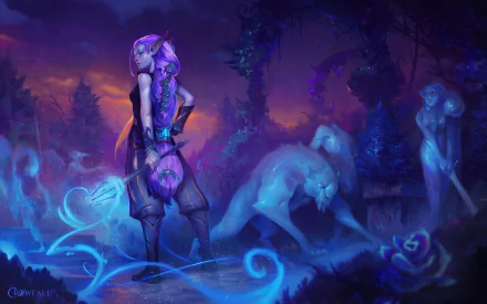 HD Crowfall desktop wallpaper featuring a purple-haired elf wielding magic, set in a mystical forest with ghostly creatures and glowing blue energy.
