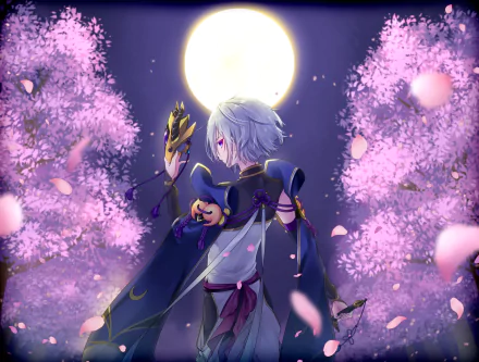 HD anime desktop wallpaper featuring Lanling Wang from Fate/Grand Order, wearing a mask amid glowing cherry blossoms under a full moon.