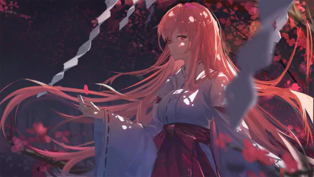 HD desktop wallpaper of an anime girl with pink hair and eyes, wearing a traditional outfit. She has tears in her eyes, with cherry blossoms and white ribbons in the background.