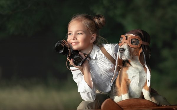 Photography Child Little Girl Binoculars Dog Beagle Depth Of Field HD Wallpaper | Background Image