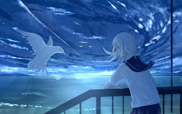 Anime-style HD wallpaper featuring a character with long white hair and blue eyes, gazing at a bird in a serene, swirling blue sky.