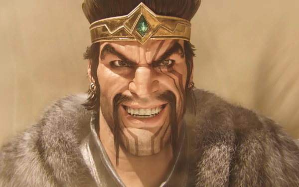 5K Ultra HD PC wallpaper of Draven (League of Legends): snarling, face-painted champion wearing a jeweled crown and fur cloak, intense gaze.