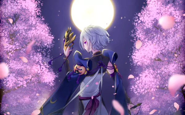 HD anime desktop wallpaper featuring Lanling Wang from Fate/Grand Order, wearing a mask amid glowing cherry blossoms under a full moon.
