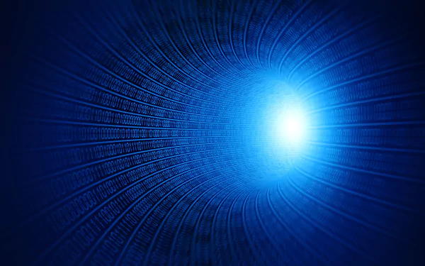 Artistic 4K Ultra HD PC wallpaper featuring a blue tunnel with streaming binary code converging toward a bright light source.
