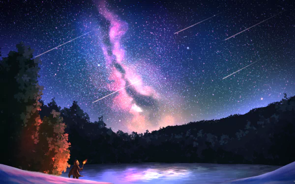 HD anime-styled wallpaper featuring a figure in a hooded cloak gazing at a starry sky with shooting stars and the Milky Way, set against a serene forest backdrop.