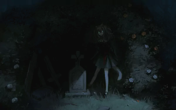 A mysterious anime character with blue eyes, pointed ears, and a tail stands by a gravestone, surrounded by flowers, creating an intriguing and atmospheric 4K Ultra HD background.