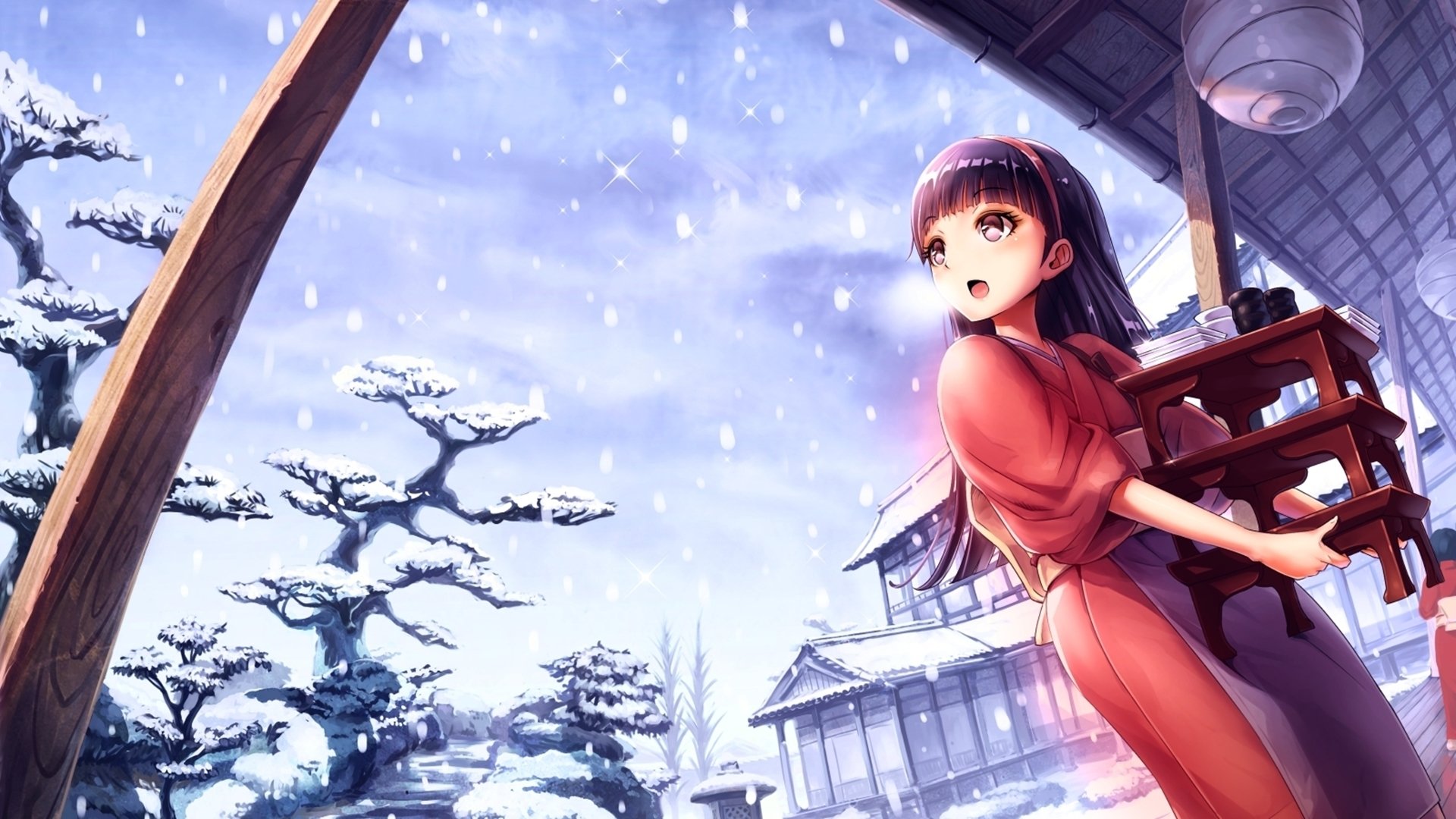 HD PC desktop wallpaper featuring Yukiko Amagi from the video game Persona 4, set against a snowy traditional Japanese backdrop.
