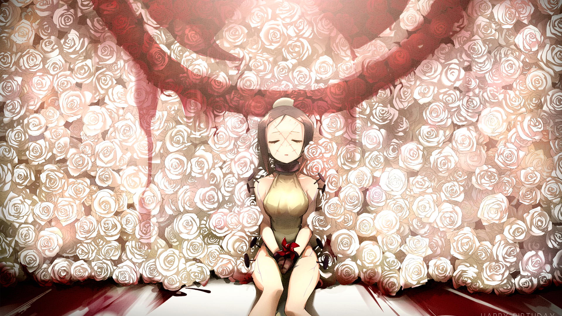 HD desktop wallpaper featuring Painwheel from the video game Skullgirls, set against an intricate background of white roses with accents of red.