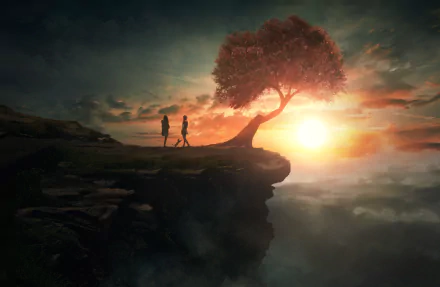 Artistic HD desktop wallpaper depicting two people standing near a lone tree on a cliff at sunset, with dramatic clouds and vibrant lighting.