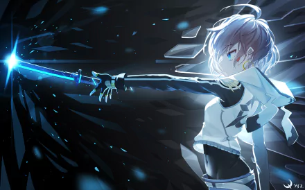 HD anime desktop wallpaper featuring a character from Pixiv Fantasia T, striking a dynamic pose with a glowing blue sword in a dark, dramatic background.