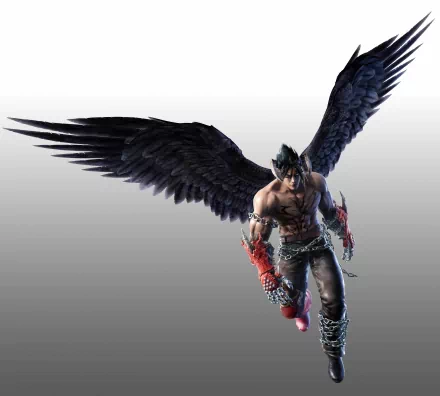 A dynamic 4K Ultra HD wallpaper featuring a character from the video game Tekken, showcasing a powerful figure with large black wings and striking armor.