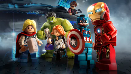 LEGO Marvel's Avengers characters including Thor, Hulk, Black Widow, Captain America, Iron Man, and Hawkeye in a vibrant 4K Ultra HD video game desktop wallpaper.