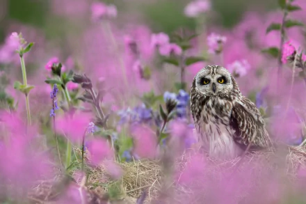 HD desktop wallpaper featuring a short-eared owl perched amidst vibrant pink and purple wildflowers, highlighting the beauty of this bird and animal in natural surroundings.