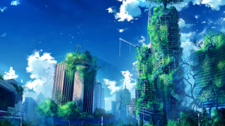 A vibrant post-apocalyptic cityscape features overgrown skyscrapers intertwined with nature, set against a bright blue sky. An engaging sci-fi wallpaper for your desktop.