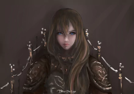 HD anime-style original artwork of a serious young woman with long brown hair, glowing blue eyes, and intricate dark armor, set against a muted background for a PC desktop wallpaper.