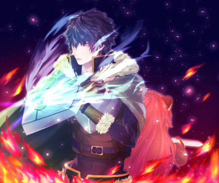 HD desktop wallpaper featuring Naofumi Iwatani and Raphtalia from the anime The Rising of the Shield Hero, with Naofumi holding a glowing shield and vibrant colors in the background.