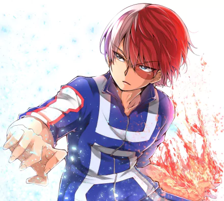 Shoto Todoroki from My Hero Academia anime in hero uniform, red-and-white hair, unleashing ice and fire effects — 2K Quad HD PC desktop wallpaper/background