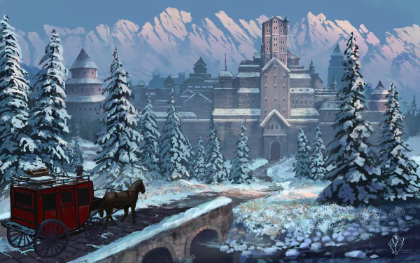 A fantasy cityscape in winter with snow-covered trees, majestic mountains, and a horse-drawn carriage crossing a stone bridge, captured in HD for a PC desktop wallpaper.