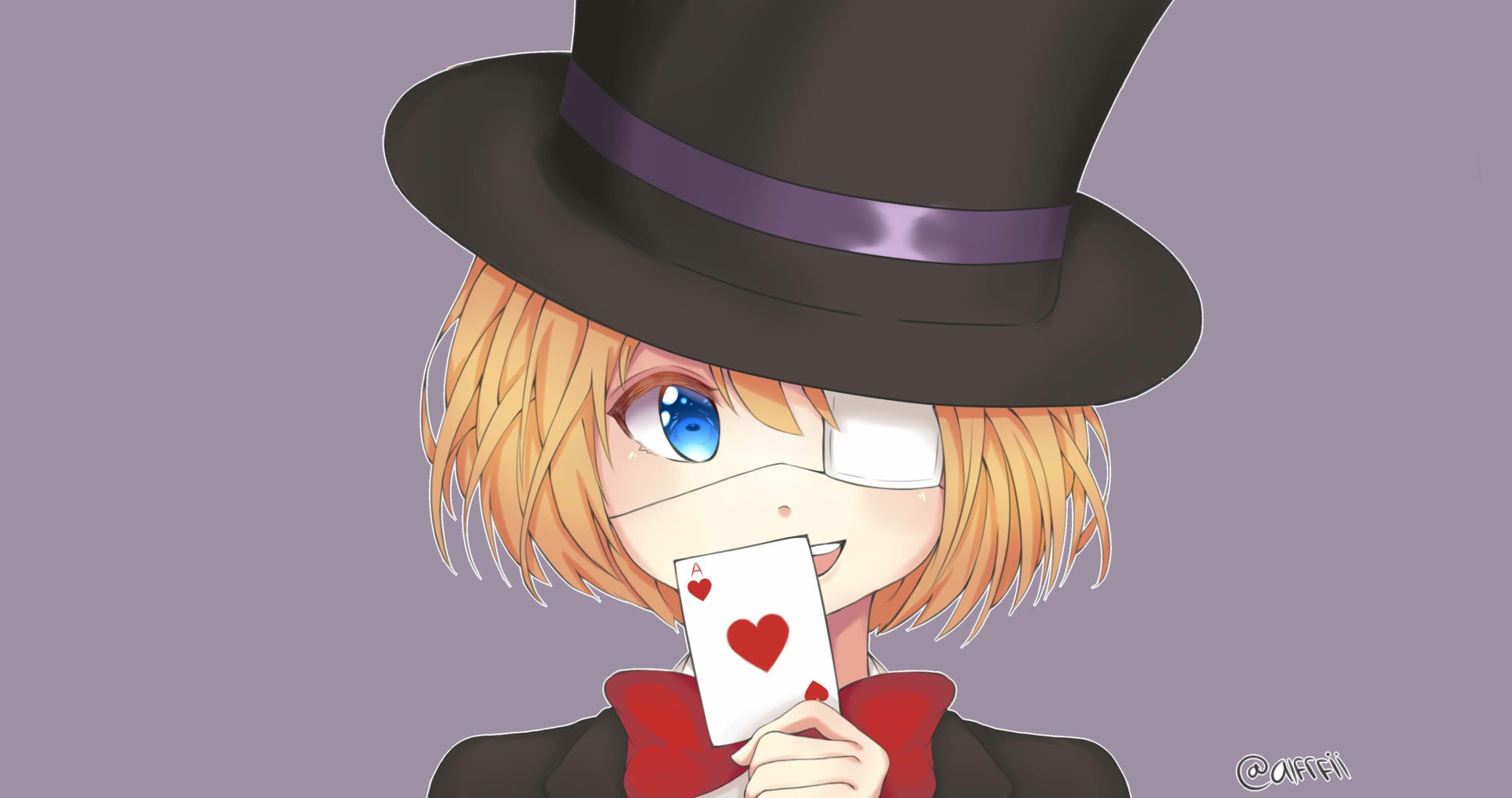 Anime Fate/Grand Order character with blond hair, eyepatch and top hat holding an ace of hearts — 4K Ultra HD PC desktop wallpaper/background.