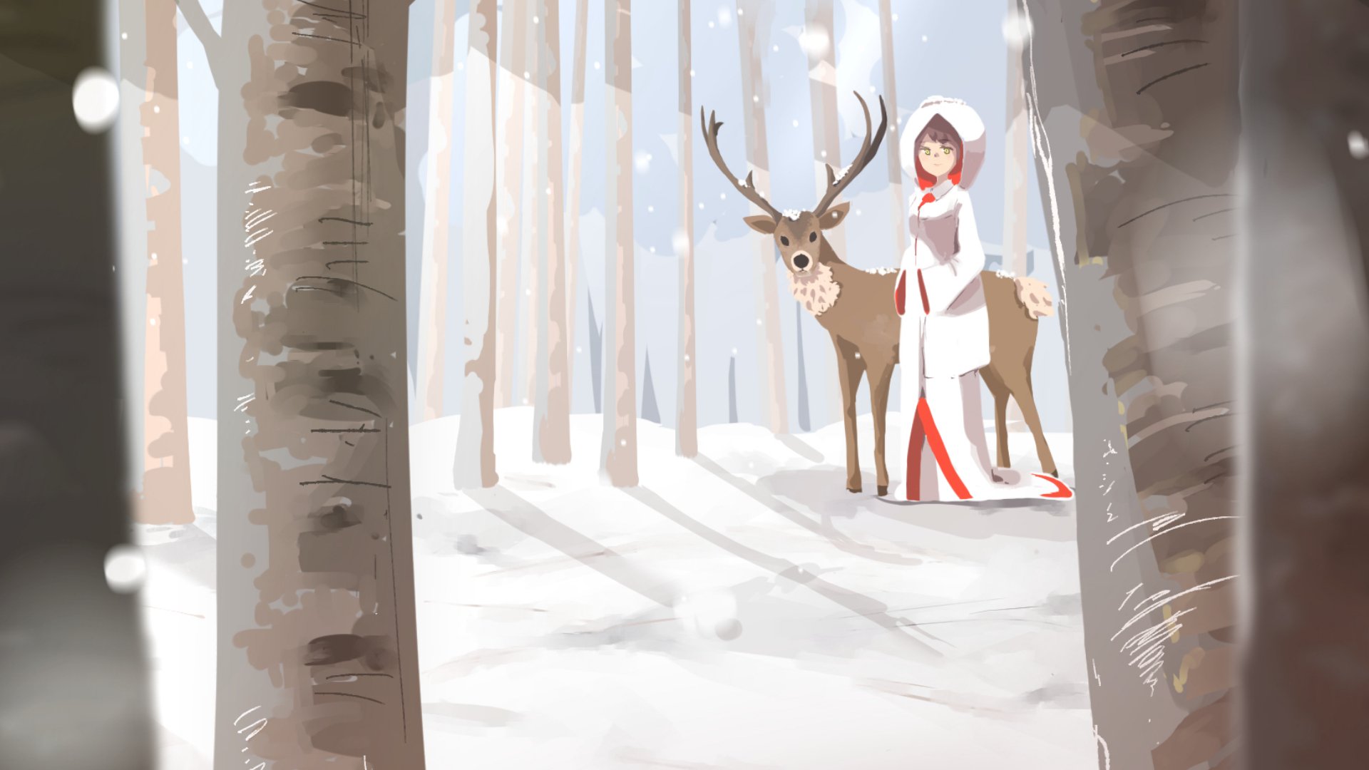 Anime-style HD wallpaper featuring a Japanese character in a wedding dress standing beside a deer in a serene snowy forest.