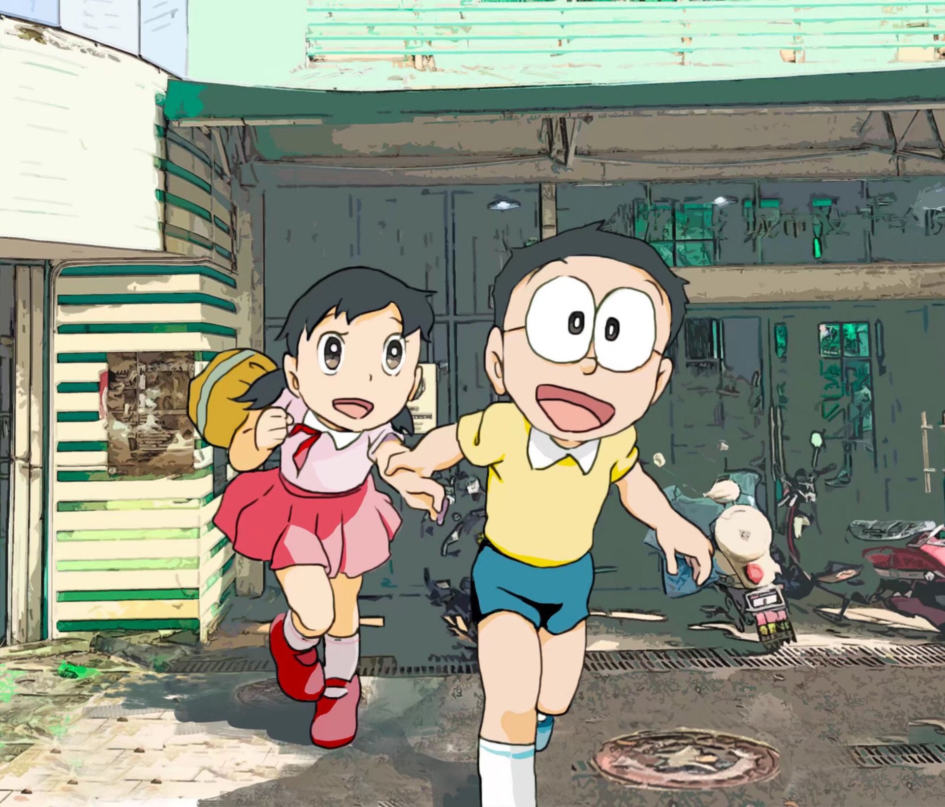HD anime desktop wallpaper featuring Shizuka Minamoto and Nobita Nobi from Doraemon running together in an urban setting.