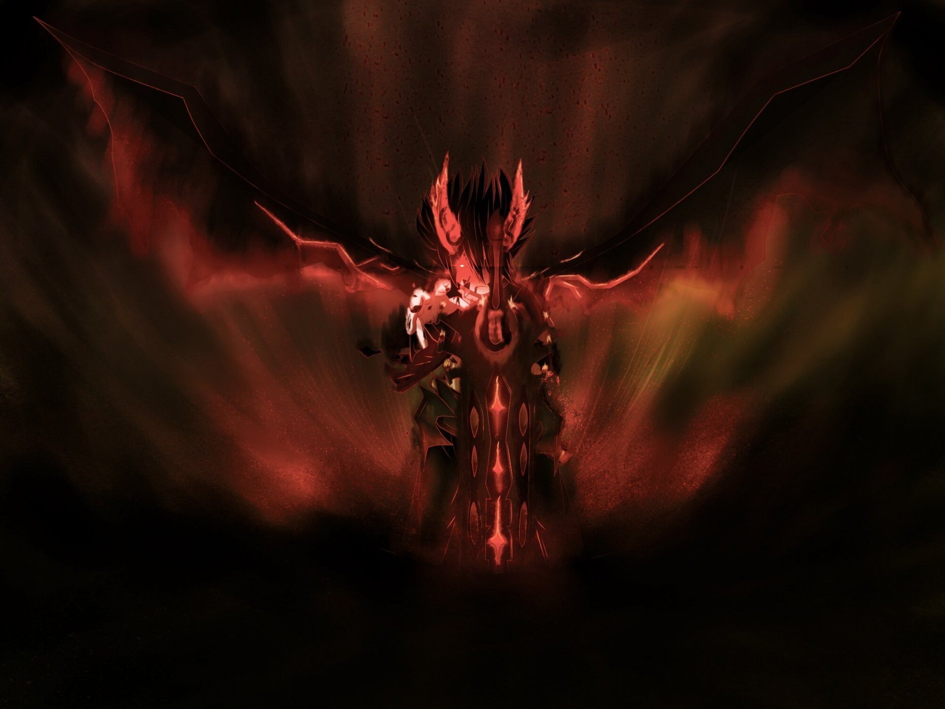 Dragon Nest video game HD PC desktop wallpaper: a dark demonic winged figure rises from swirling red smoke, glowing eyes and molten armor looming from shadow.