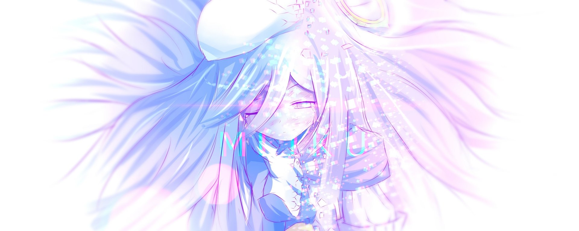 Ethereal pastel portrait of a Dragon Nest video game character with flowing white hair, closed eyes and sparkling light effects — 2K Quad HD PC desktop wallpaper/background.