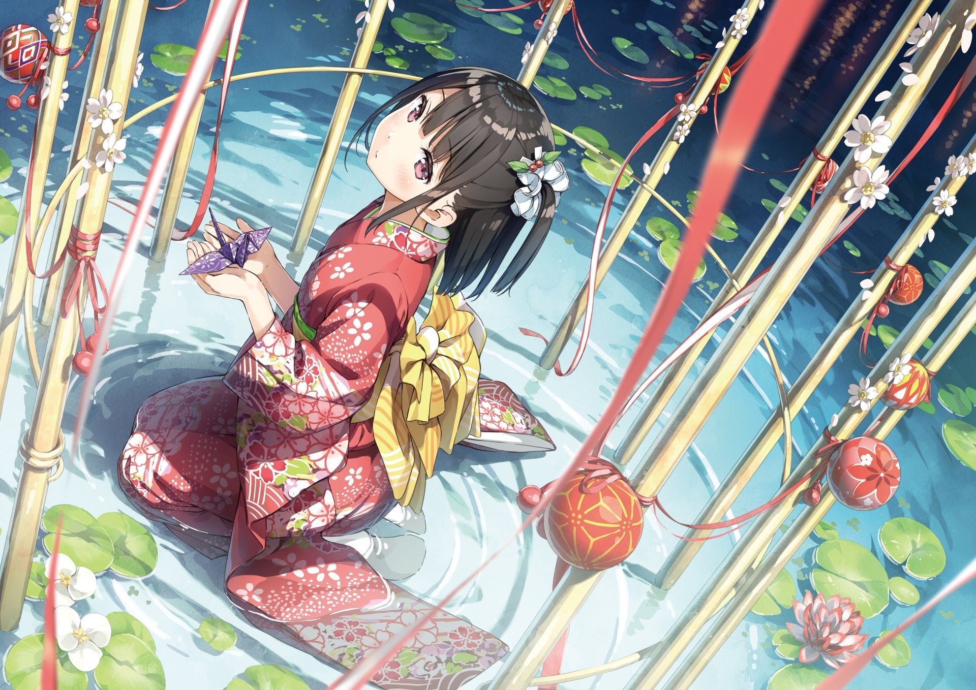 HD desktop wallpaper featuring a geisha from the anime 5 Nenme no Houkago kneeling by water with colorful fishing poles and floating lanterns.