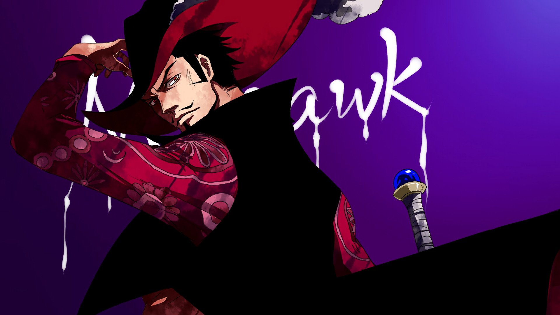 HD anime desktop wallpaper featuring Dracule Mihawk from One Piece with a striking purple background and his sword visible by his side.