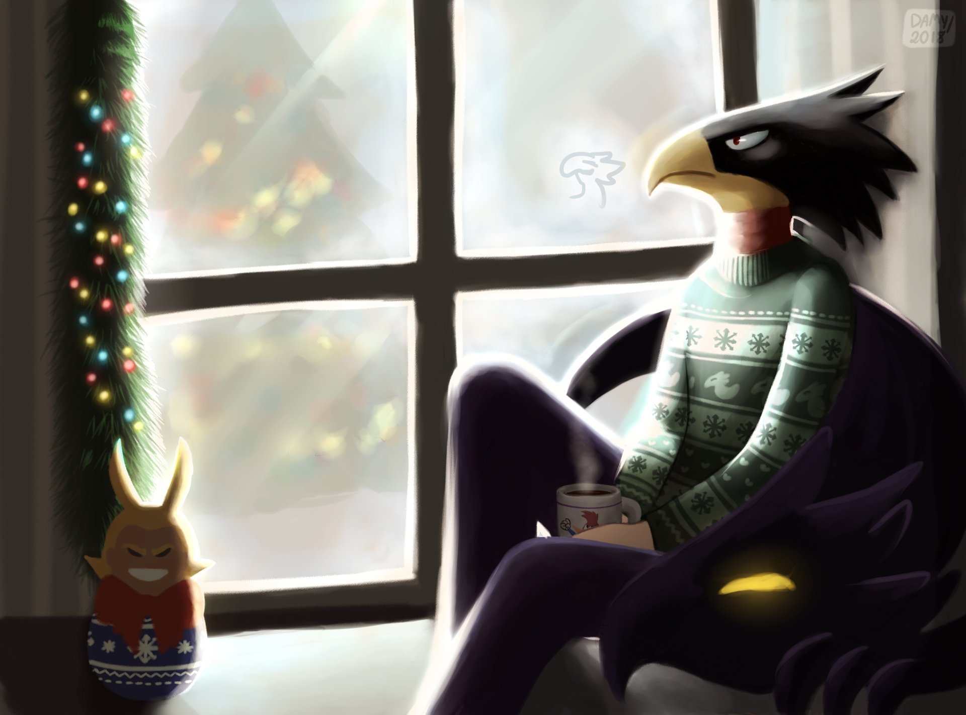 Fumikage Tokoyami from My Hero Academia sits by a window in a cozy sweater, holding a cup, with soft light and holiday decorations in a 4K Ultra HD anime desktop wallpaper.