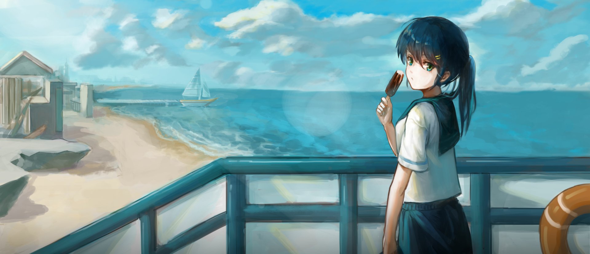 Original anime beach summer 2K Quad HD PC desktop wallpaper/background: schoolgirl in uniform on a yacht railing, eating ice cream and gazing at the sea and beach under a bright summer sky.